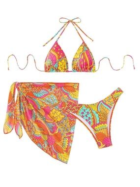 Shenhe 3 Piece Halter Triangle Bikini Swimsuit w/ Sarong Floral Pink M NWOT
